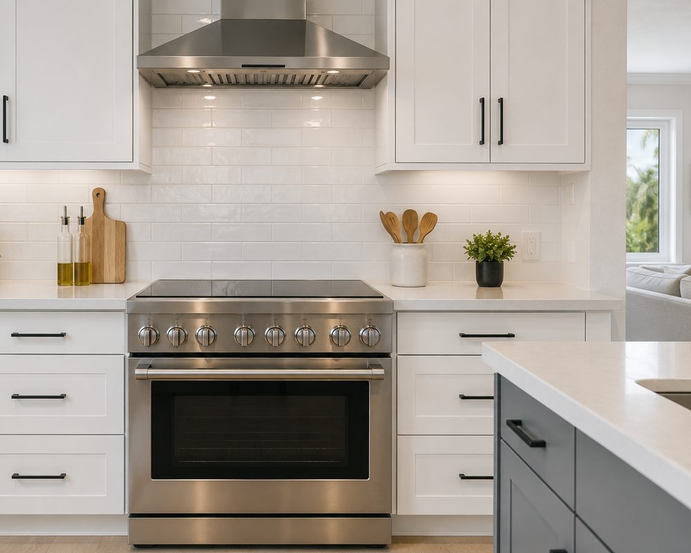 Stainless steel electric range with induction cooktop in a Central Florida kitchen