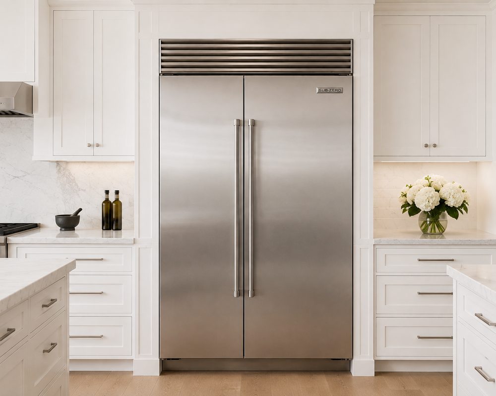 Sub-Zero built-in side-by-side refrigerator in a white Central Florida kitchen