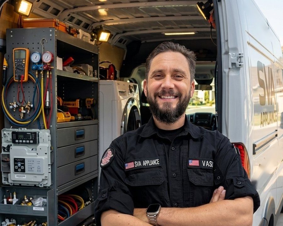 Vasily, SVA Appliance Repair technician, standing in front of his fully stocked service van in Clermont, FL